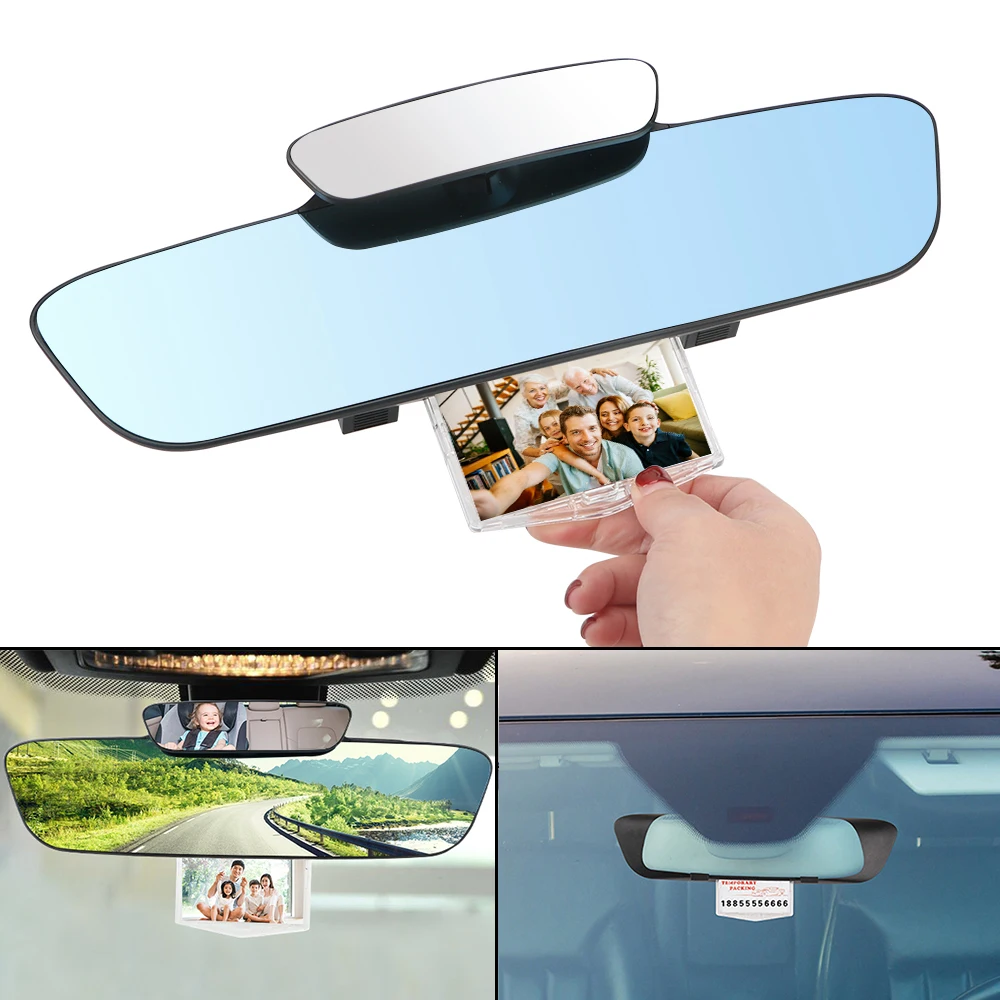 

Multifunctional Car Rear Rearview Mirror Blue Mirror Anti Dazzle Auxiliary Rear View Stop Sign Photo Frame Double Lens