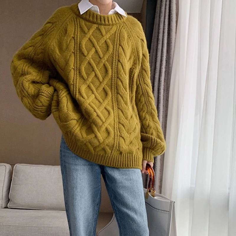 

Autumn Winter Long Sleeve Pullover Sweater Twist O Neck Casual Oversized Loose Tops Femme Fashion Outerwear Warm Clothes