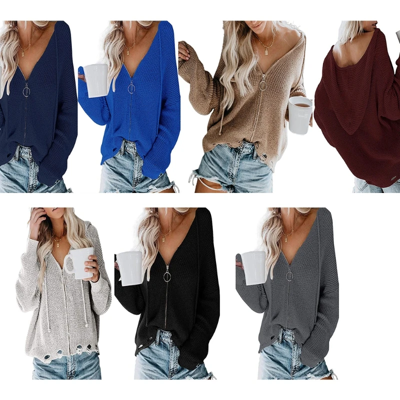 

Women Hoodies Knitted Cardigan Long Sleeve Zipper Warm Sweater Solid Color Drawstring Loose Tops Tunic Autumn Winter Female Clot
