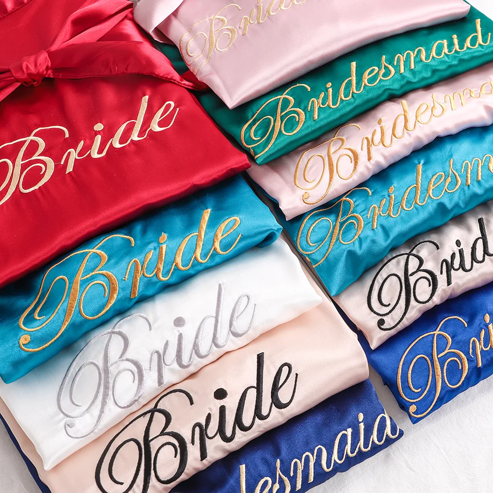 Bridal Bridesmaid Wedding Robe Kimono Gown Women Satin Sleep Wear Embroidery Wedding Party Gift Home Dressing Gown Robe