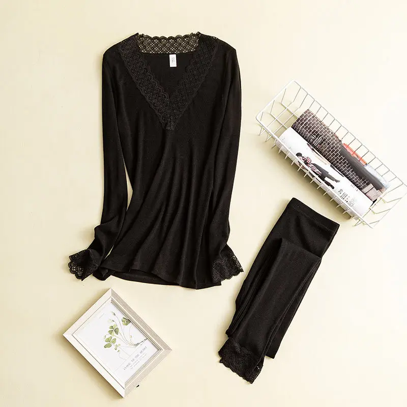 Комплект женского нижнего белья теплый из 82% шерсти с v-образным вырезом 18 дюймов