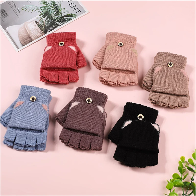 

Knitted Baby Gloves Finger-Exposed Gloves Bear Solid Mittens Winter Outdoor Warm Children Gloves Autumn Windproof Accessories