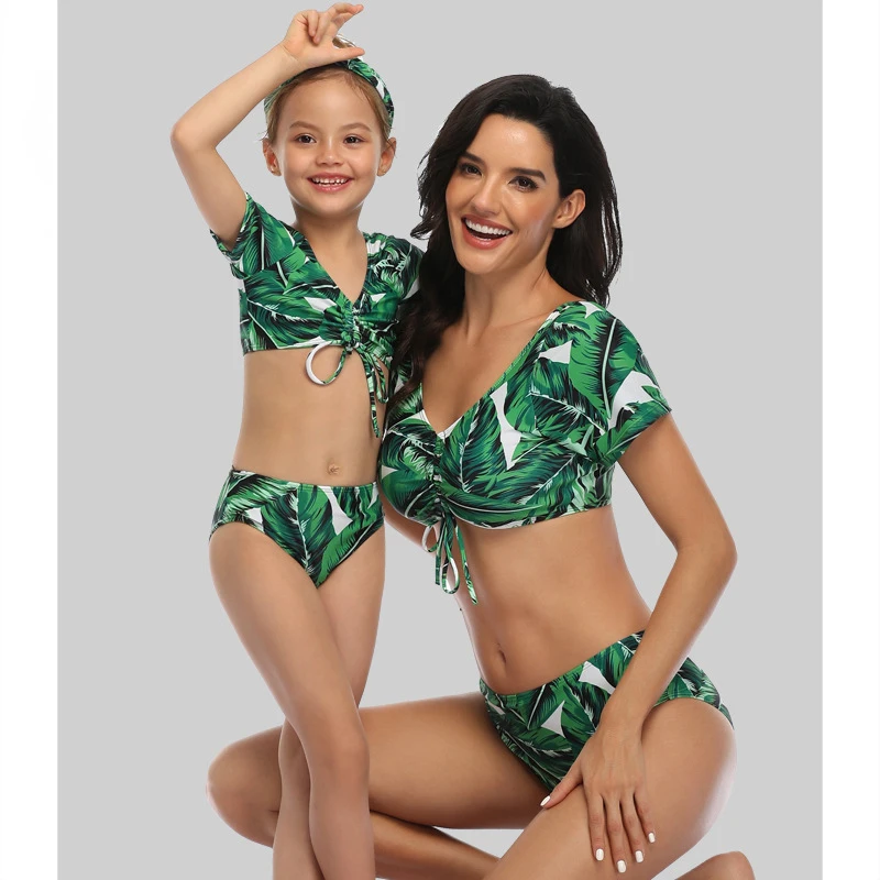 

2021 New Summer Parent-Child Sexy Bikini Split Green Print Children's Swimsuit