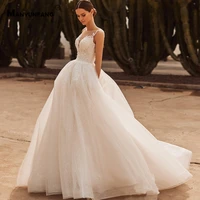 custom made o neck sleeveless embroidery appliques tulle wedding dress for women high end button chapel train bridal ball gown
