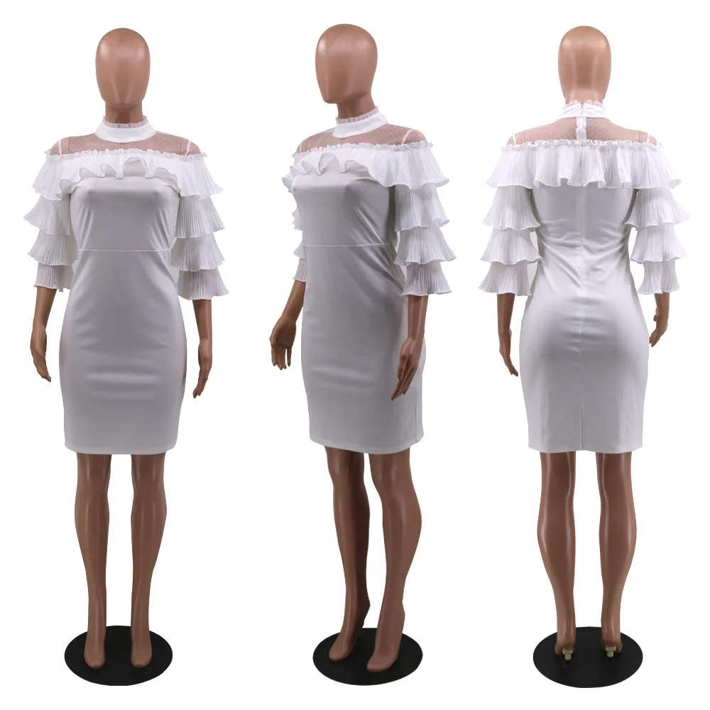 

2021 African Plus Size Ruffles Mini Dress Spring O-neck Mesh Patchwork Straight Elegant Ruffled Half High Neck Slim Party Dress