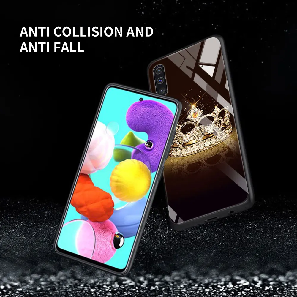 

Diamond Crown Printing Glass For Samsung Galaxy A51 A71 A50 A70 Tempered Phone Case A31 A21s A30 A91 A41 M31 A40 A32 A12 Cover
