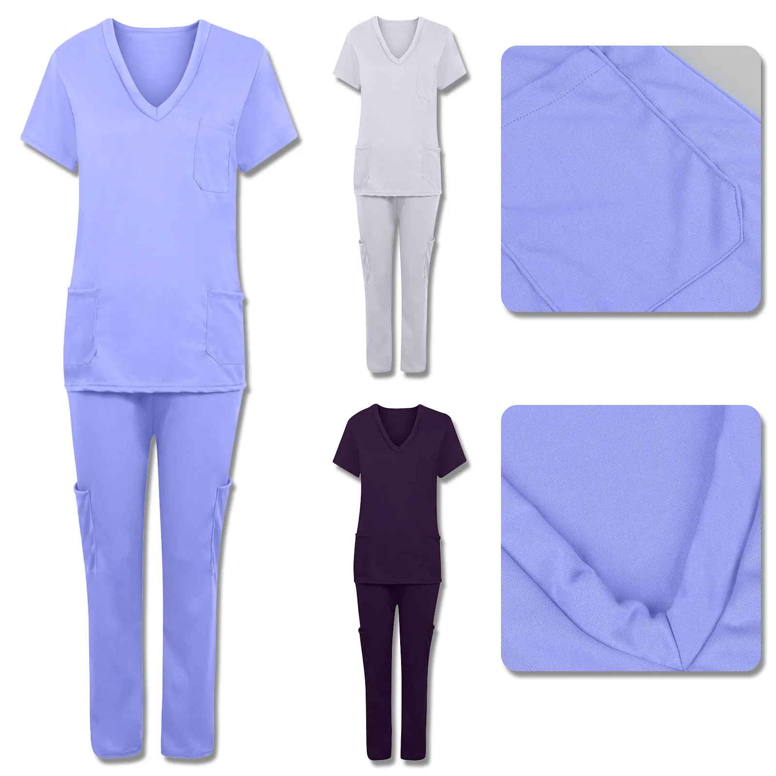 

Men's Women's Short Sleeve Solid Color V-tie Pocket Top Long Pants Nursing Work Uniform Two-piece Workwear Рабочая Одежда
