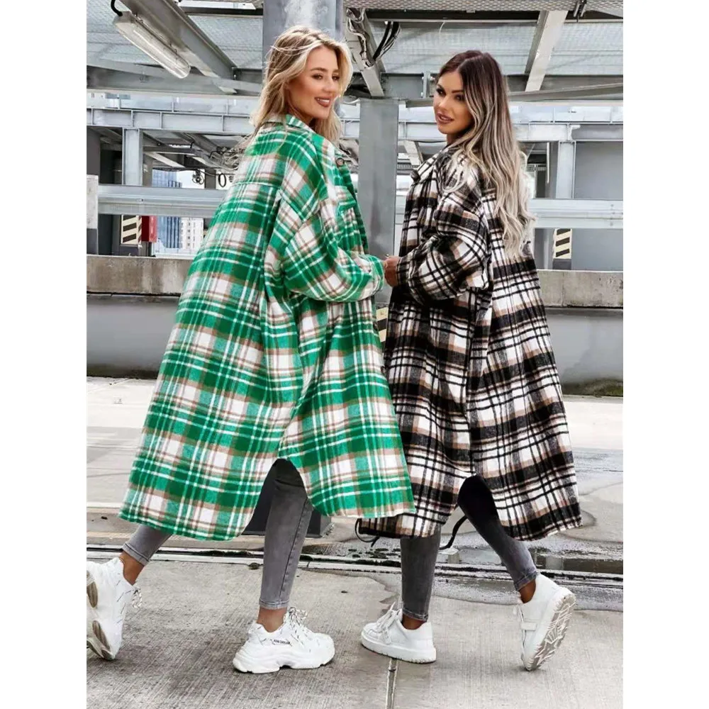 

Женская Удлиненная клетчатая рубашка, модная однобортная свободная Длинная блузка с отложным воротником, длинная рубашка, 2022