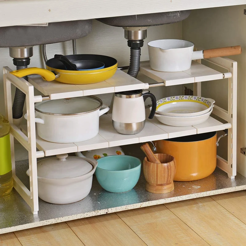 Expandable Under Sink Organizer- 2 Tier Storage Rack with Removable Shelves and Steel Pipes for Kitchen Bathroom Garden | Дом и сад