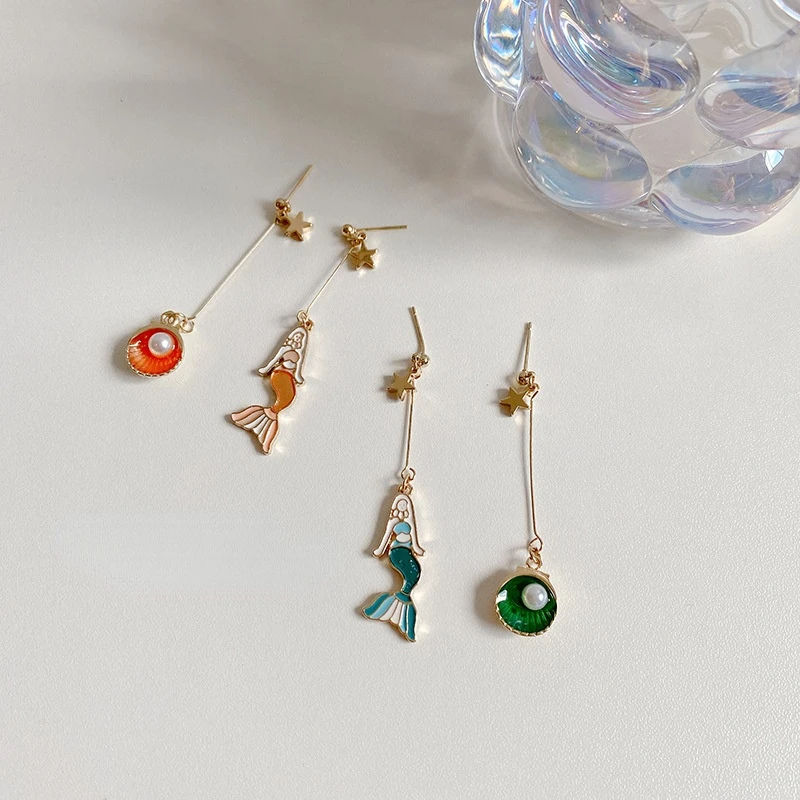

U-Magical Korean Exquisite Asymmetry Pink Blue Mermaid Drop Earring for Women Asymmetry Shell Faux Pearl Enamel Earring Jewelry
