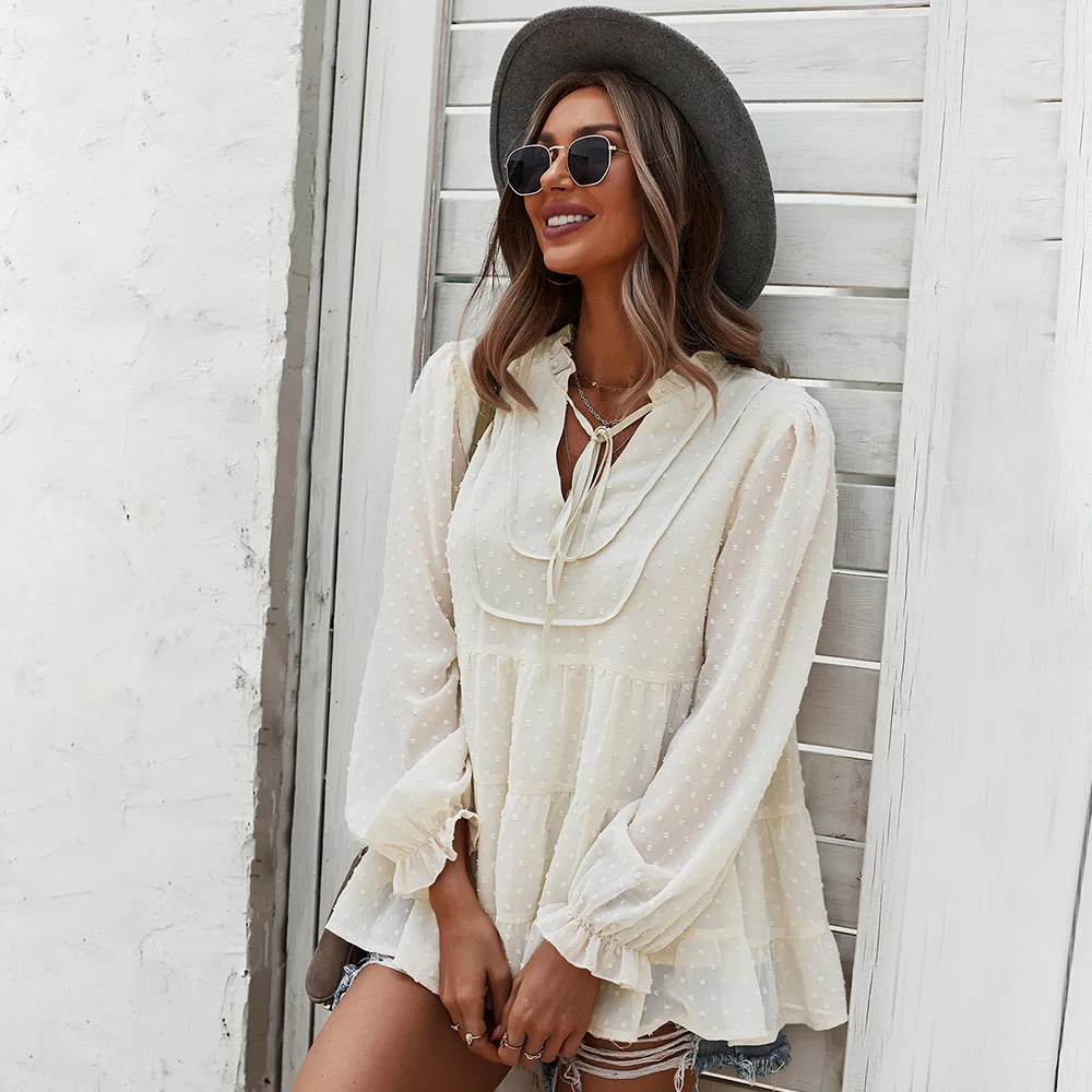 

Ladies elegant V-neck tie petal sleeves pure color super complete matching top Ladies sexy chic top new release