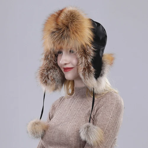 Леди стиль натуральная натуральным лисьим мехом Модные натурального шапка из меха лисы Для женщин Повседневное теплые российские натуральным лисьим мехом Куртка бомбер Кепки s - Цвет: RED FOX