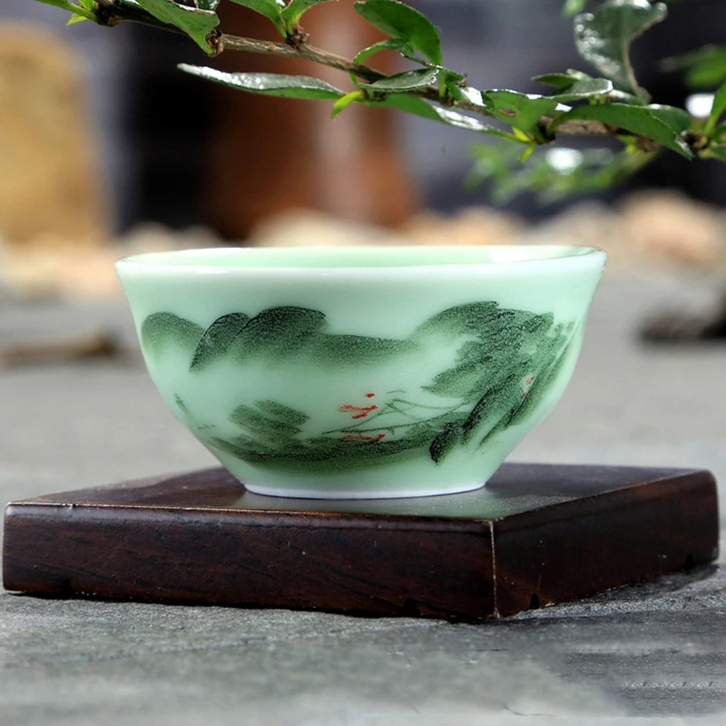 

40ml Celadon Chinese Kung Fu Tea Cup Lotus Seed/Landscape Pu'er Cups Hand-painted Ceramic Embossed Carp Small Fish Teacups