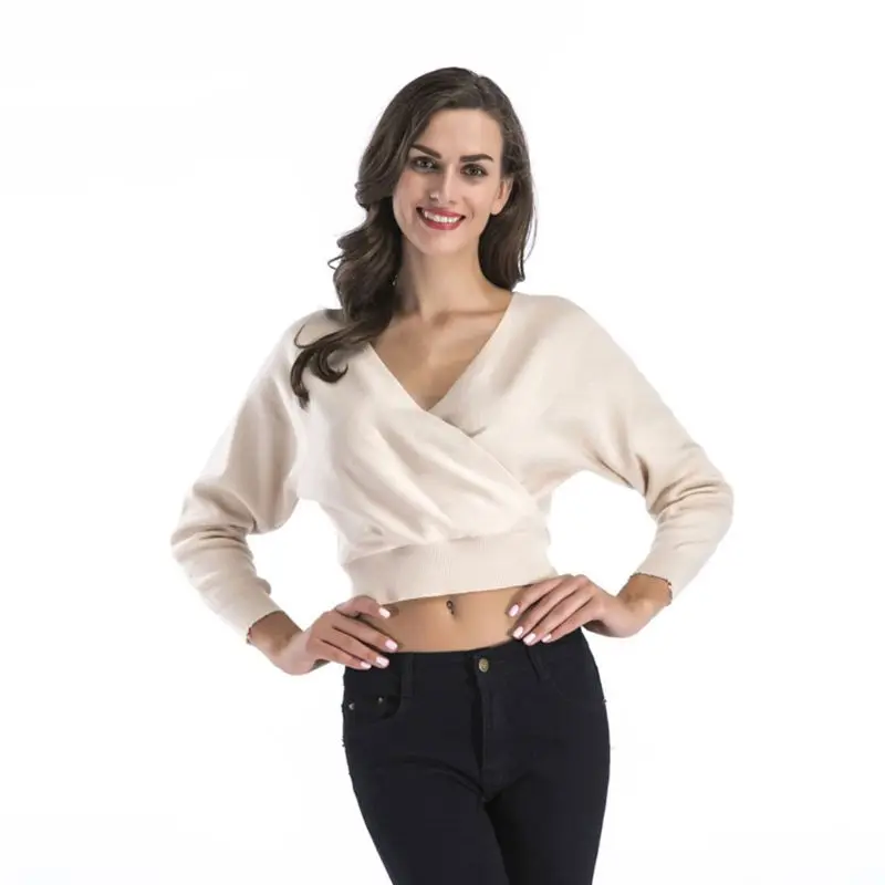 

Для женщин Осень рукава «летучая мышь» свитер пикантные сексуальное нижнее белье с глубоким v-образным вырезом крест-накрест Короткие топы ...