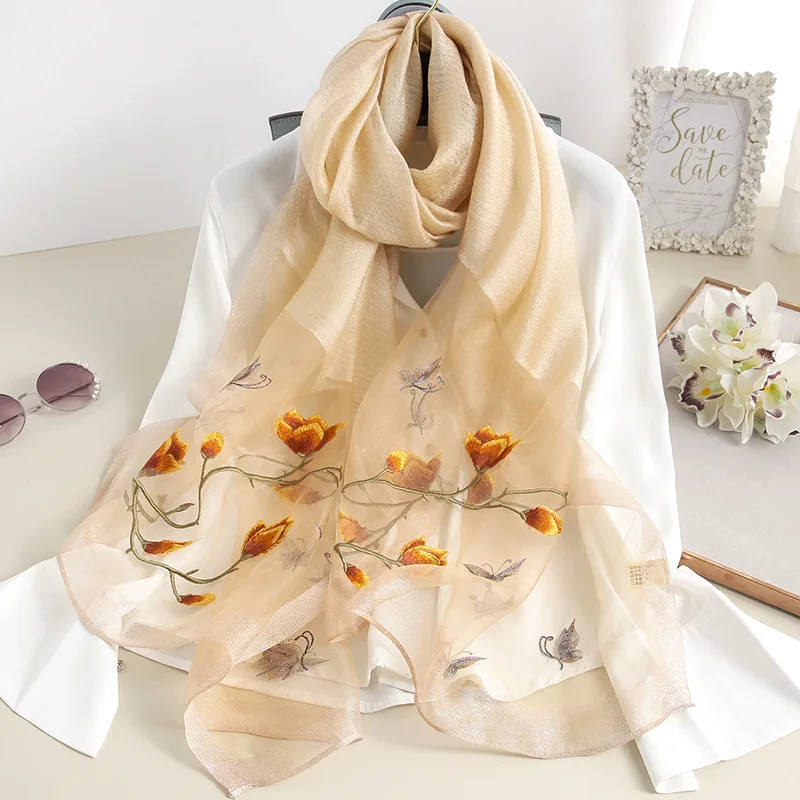 

Autumn and Winter 2019 New Silk Wool Scarf Female Air Conditioner Flower Shawl Retro-ancient Embroidered Magnolia Thick Neck