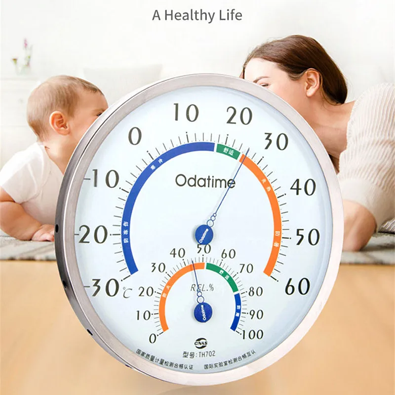 

Odatime 20cm Large Diameter Stainless Steel Indoor Temperature And Humidity Meters Bimetal Thermometer Hygrometer For Home Room