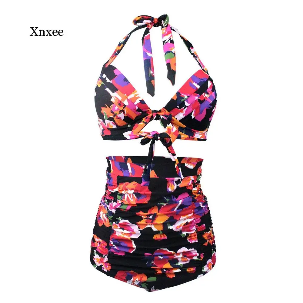 

Ретро 50S ванный комплект Для женщин купальные костюмы с высокой талией элегантное платье со сборками для плаванья из двух предметов консервативный лук Купальник-бикини костюм