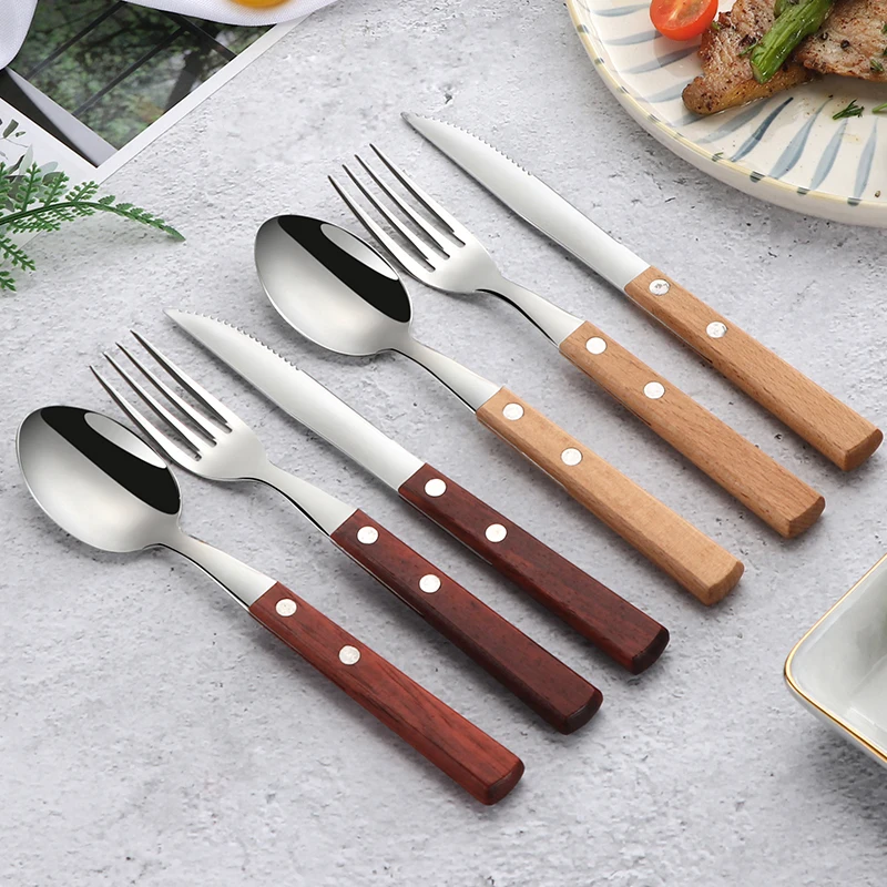

6Sets Wooden Cutlery Set for Kitchen Stainless Steel Dinnerware Sets Glossy Wood Western Food Knife fork Teaspoon Tableware Set