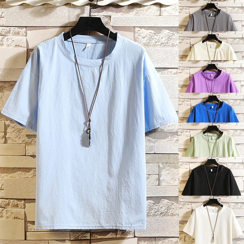 Мужская Повседневная Свободная футболка из чистого хлопка и льна с коротким