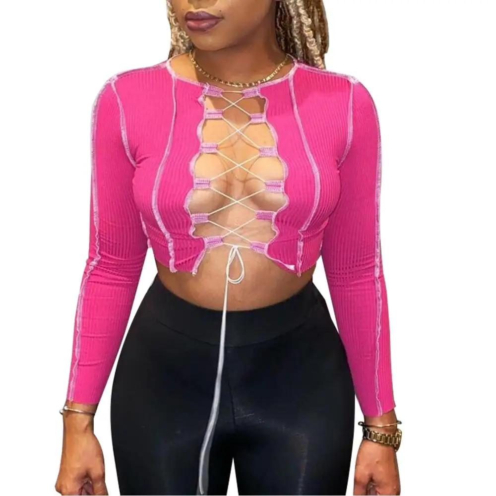 

Coolhappy Sexy Hollow Out Women Neon Color Ribbed Knitting Tee Shirt Female 2020 Autumn Club Party Pink and Green Two Colours