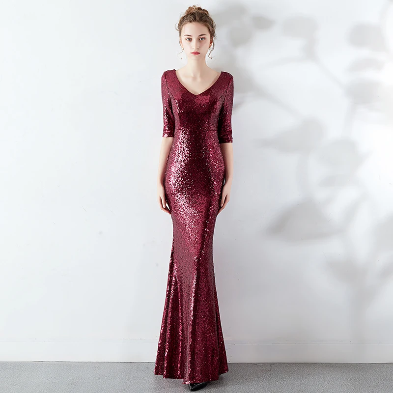 

Half Sleeve Evening Dress V Neck Robe De Soiree Sequin Mermaid Evening Dresses Long Formal Evening Gown Sukienka Wieczorowa