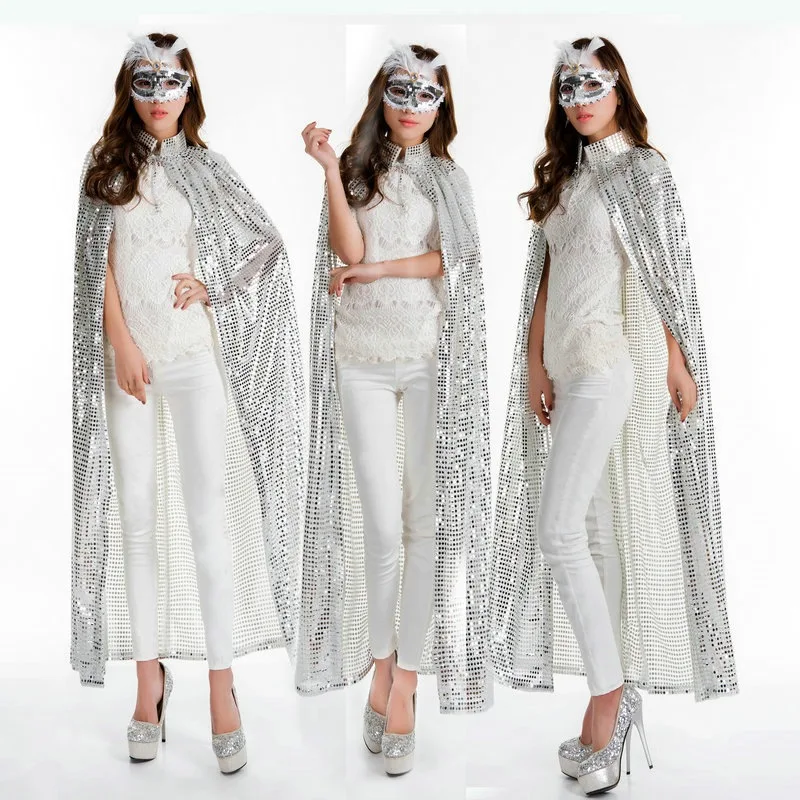 

Carnival Halloween Costume Hooded Cape Cloak New Year Christmas Party Stage Performance Suit Adult Bling Sequins Cloak Props