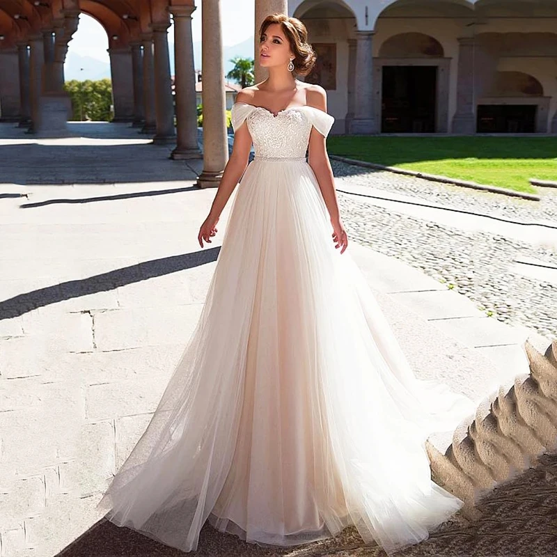 

HERBURNL Charming Wedding Gowns Dress Off Shoulder Straps A line Robe De Marie Tulle Bridal Princess