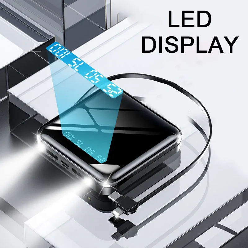 

Power Bank 10000mAh For iPhone Portable Battery Charger With Cable LED Mirror Powerbank External Battery Pack Poverbank