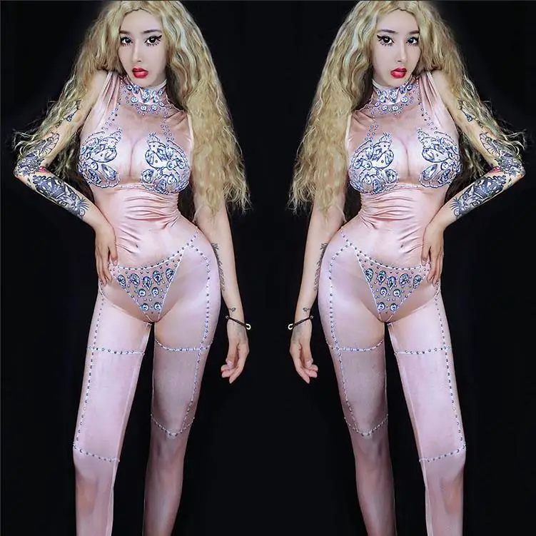 Elasticity Nightclubs Sexy Stage Crystals Bodysuit Diamond Rhinestone Outfit Stage Dance Women Costume DJ Gogo Singer Wearing sparkly crystals jumpsuit sexy long multi colored tassel rhinestone bodysuit women nightclub outfit singer stage dance costumes