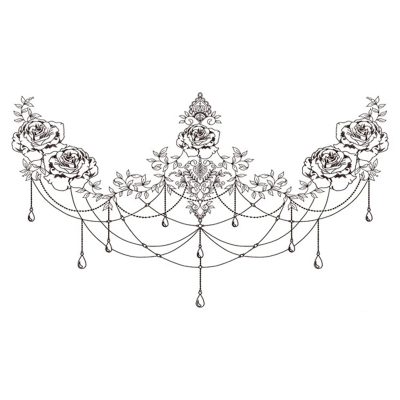 

Temporary Chest Tattoo Sticker Rose Flower Necklace Diamond Element Fake Tatoo Flash Tatto Waterproof for Women Men Body Art