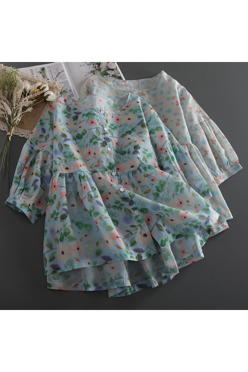 

New summer fresh silk hemp floral shirt women O neck ruffle hem single breasted shirt top female