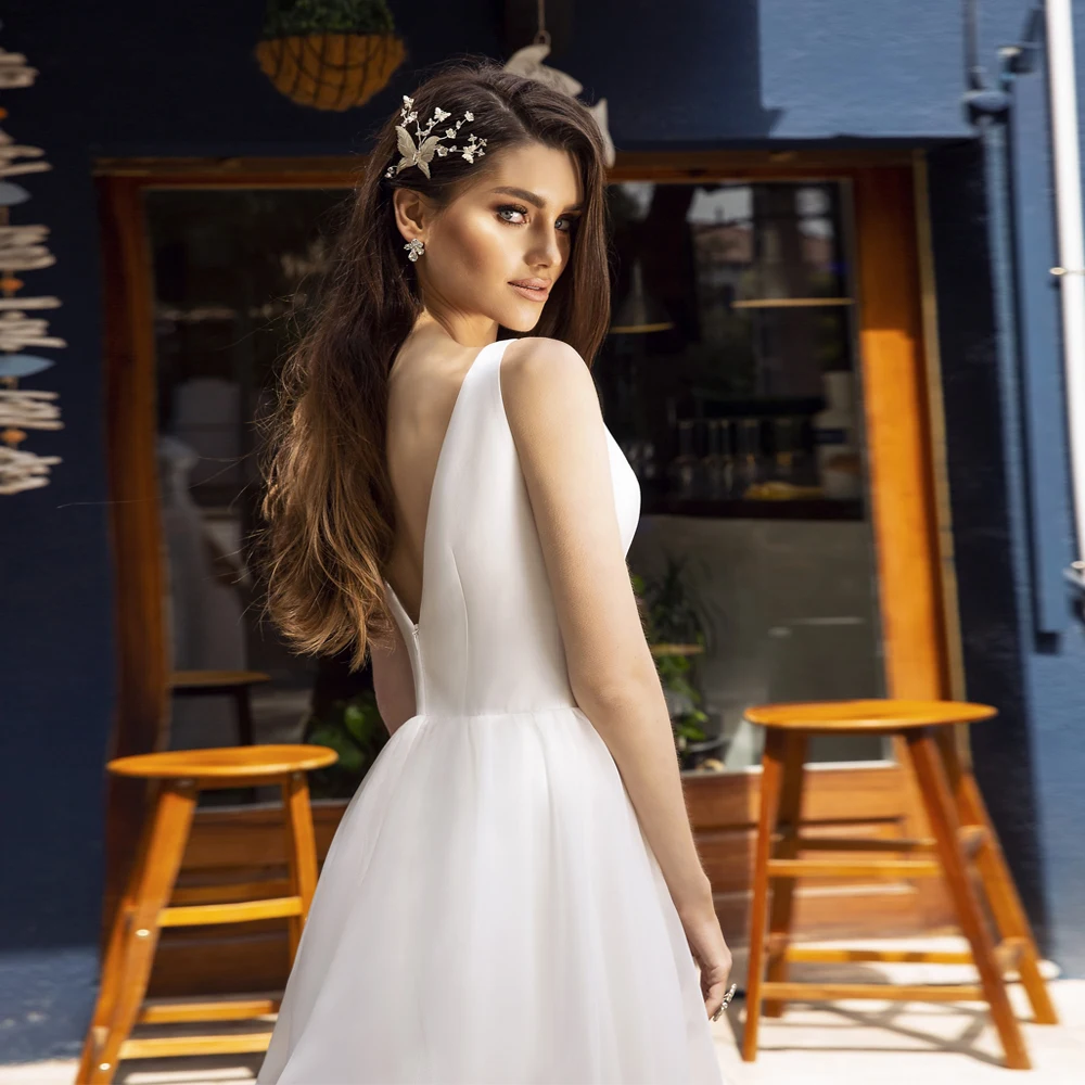 

New Arrival Wedding Dress Boat Neck Sleeveless Open Back Organza A Line Wedding Gowns Robe De Mariage Bride Dresses