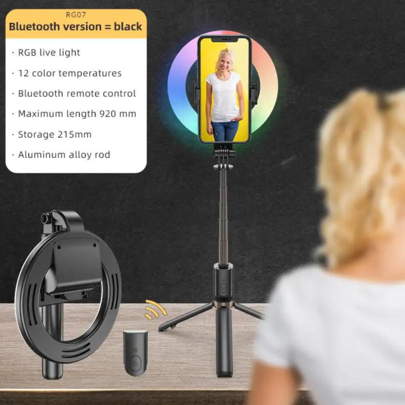 

Portable Bluetooth Wireless Selfie Stick With RGB Ring Fill Light Tripod For iPhone For Samsung Makeup Video Live Travel