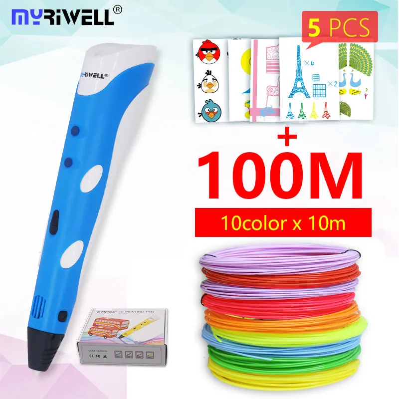Myriwell, 3D Ручка, 3d ручка, RP-100A, pla, 1,75 мм, abs нить, 3d печать, ручка, 3 d ручка, инструмент для рисования, для детей, подарок на день рождения - Цвет: Blue and abs100