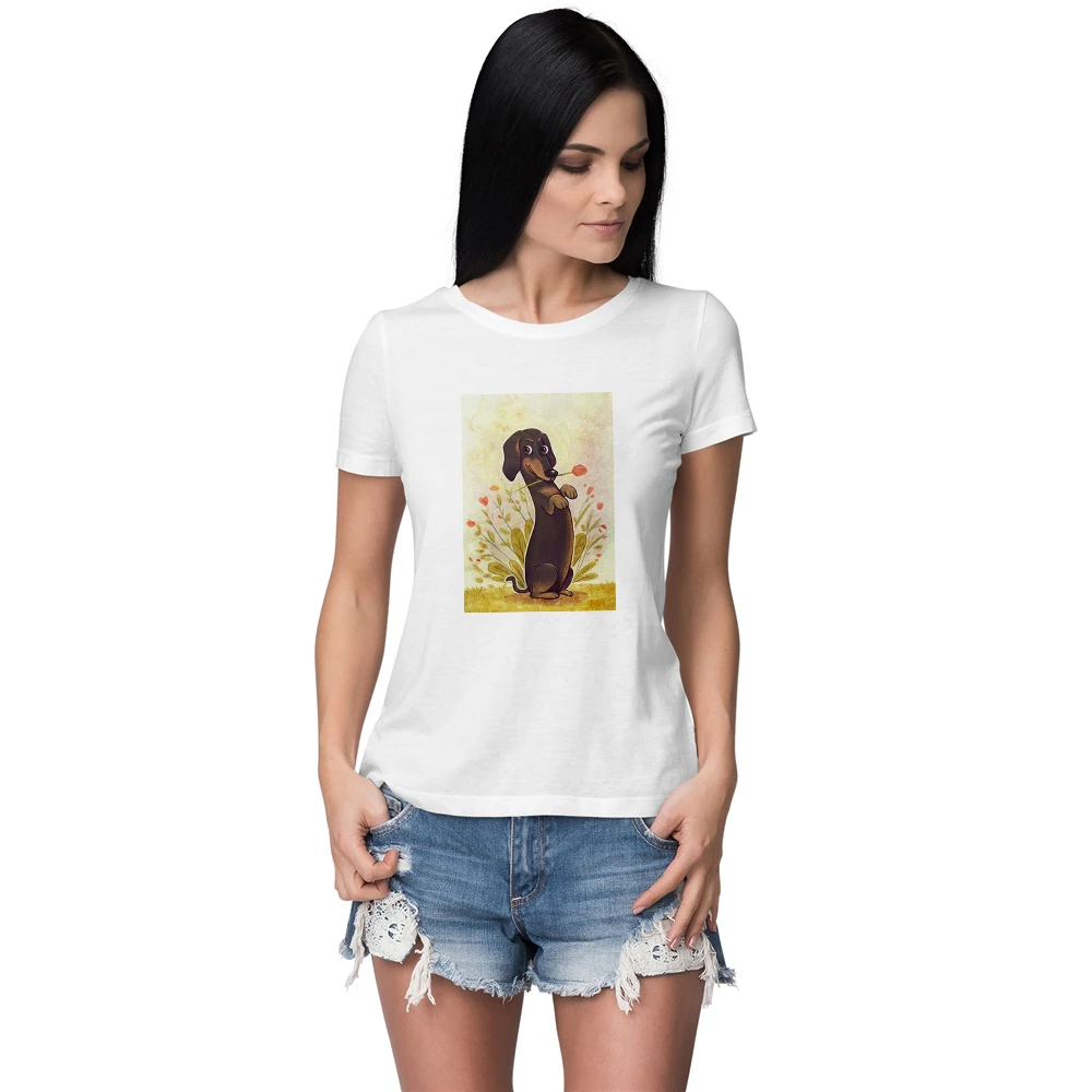 

Young Girls Printed Tshirt Women Personalized Contact Between Dachshund Peacock Creative Graphic Tee Women Summer Top