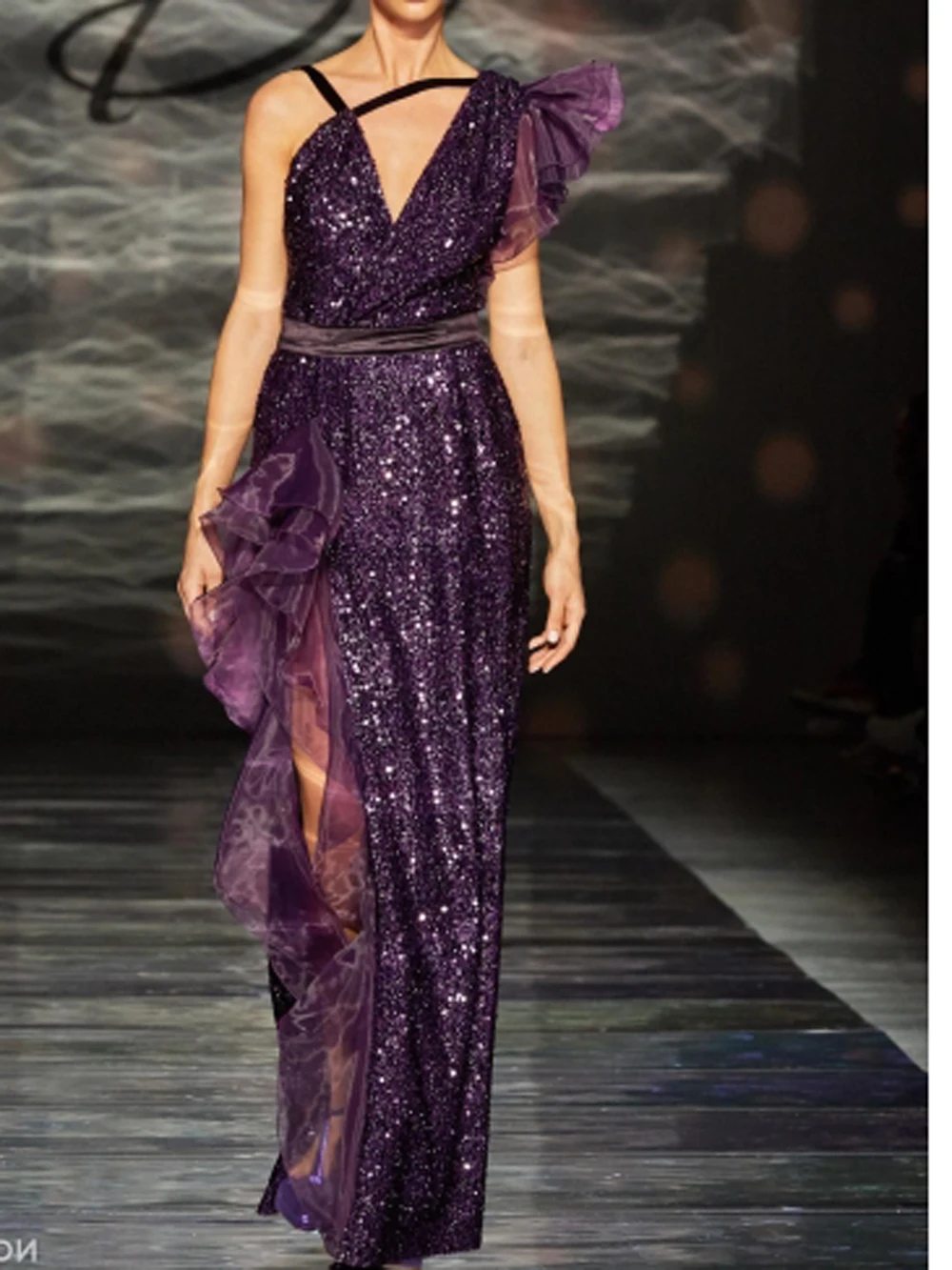 

CY Summer Fashion High-end Deep V Neck Violet Sequins Runway Sexy Dress Women Backless Grace Queen Evening Party Costume