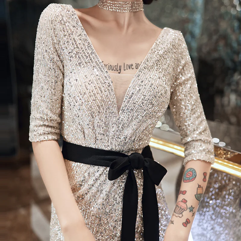 Женское вечернее платье-русалка элегантное серебристое блестящее платье с