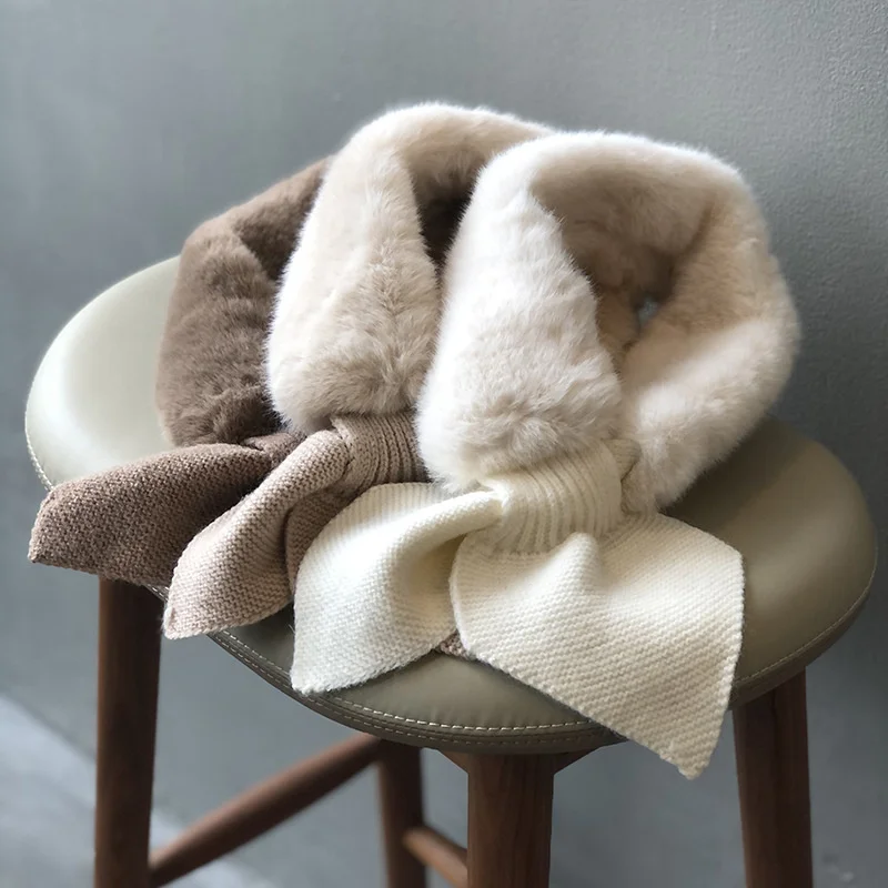 

Зимний женский плюшевый шейный платок 2021, мягкий воротник с имитацией кролика и бантом, теплый шарф, женский короткий шарф