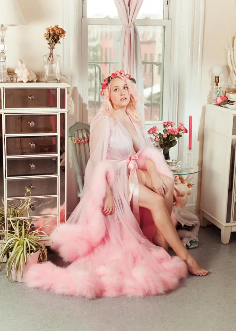

Pink Feather Bathrobe for Women Full Length Lingerie Nightgown Pajamas Sleepwear Women's Luxury Gowns Housecoat Nightwear