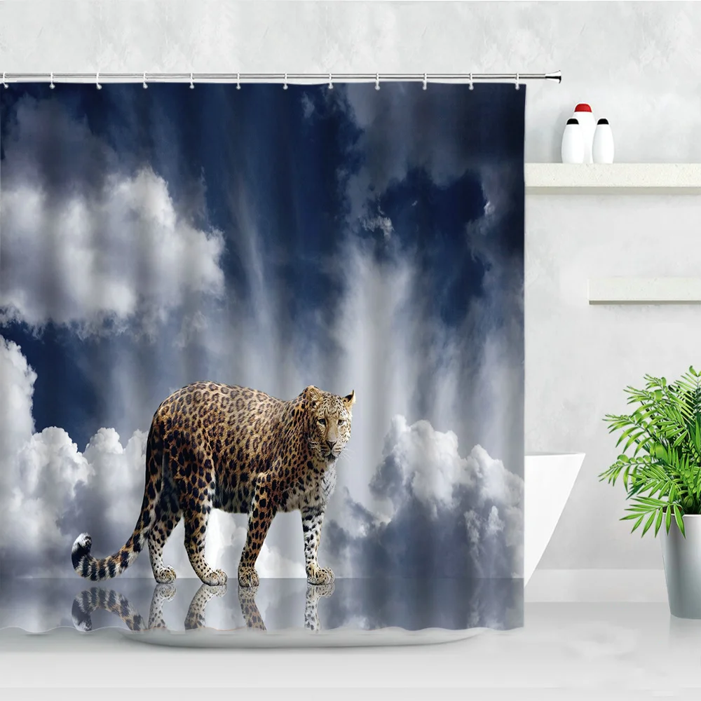 

Wild Animal Shower Curtain Set Grassland African Lion Leopard Tiger Wolf 3D Print Waterproof Cloth Bathroom Decor Hooks Curtains