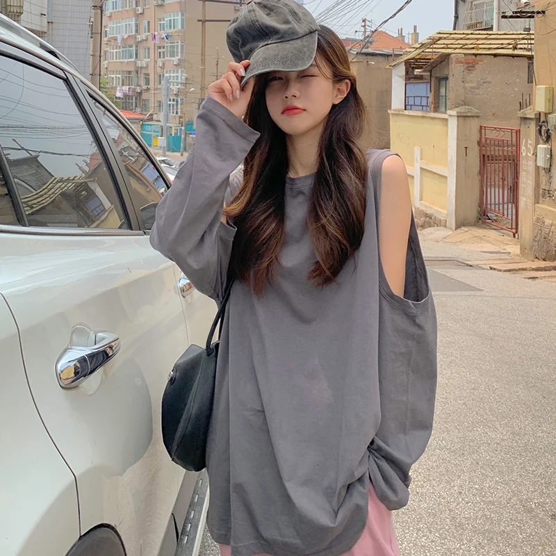 

Женская Офисная футболка с длинным рукавом, свободная ажурная футболка средней длины с круглым вырезом, в Корейском стиле, осень 2021