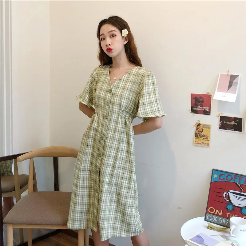 Платье женское клетчатое с V образным вырезом и коротким рукавом|Женские платья| |