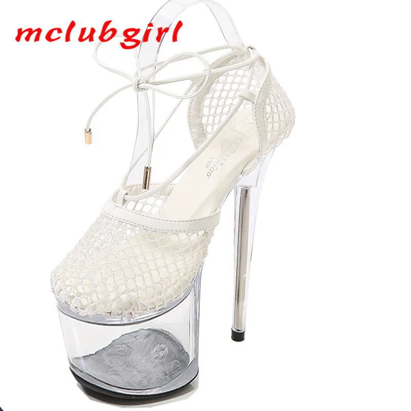 

Женские туфли в сеточку Mclubgirl на платформе 17 см, 20 см, с кристаллами, тканевые туфли с перекрестными ремешками, на шпильке, пикантные туфли дл...