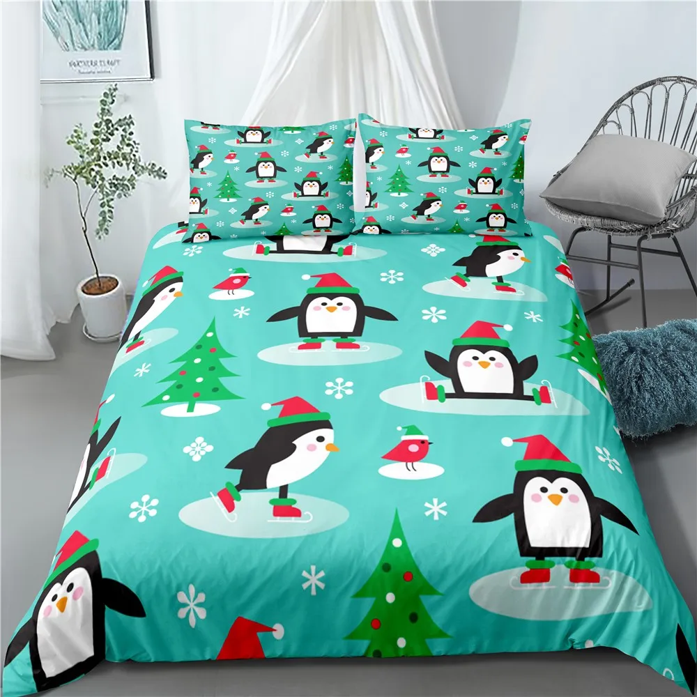 

2/3 Pieces Christmas Penguin Bedding Sets 3D Print Cartoon Animals Duvet Cover Home Decor Bed Quilt Cover Pillowcase( No Sheets)