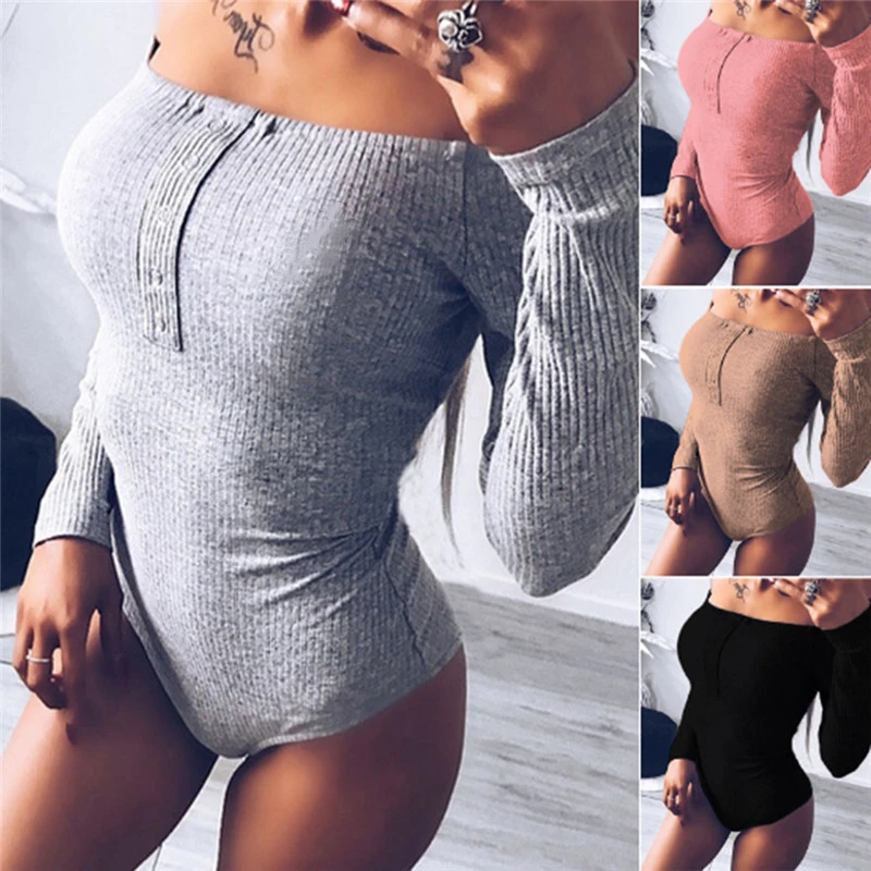 

Black Off Shoulder Sexy Bodysuit Women Long Sleeve Slash Buttons Bodycon Rompers Womens Jumpsuit Solid Summer Body Suit
