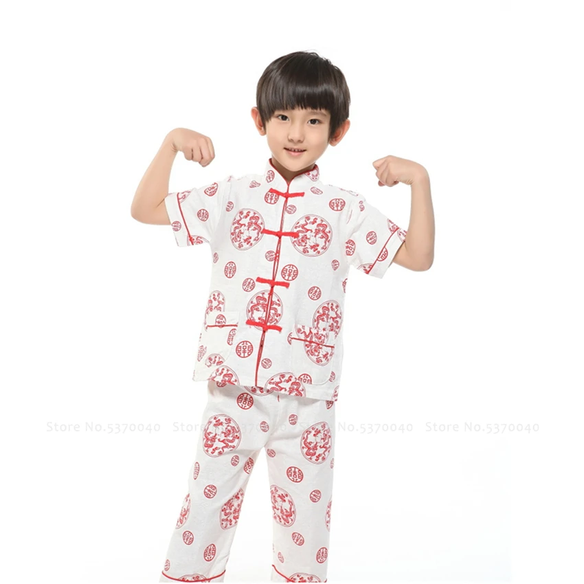 Традиционный китайский костюм Тан льняная футболка ханьфу для мальчиков свободные штаны детские топы с ушу