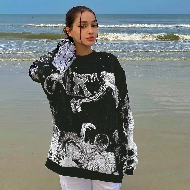 

DUAYR 2021 Fall/winter Y2k Top Gothic Harajuku Long-sleeved O-neck Sports Pullover Retro Loose Abstract Print Oversized Clothing