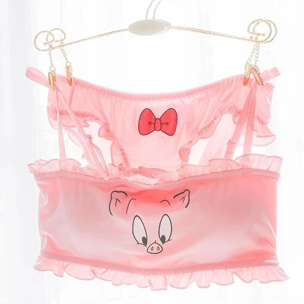 

Pink Girl Heart Bra Panty Set Sleepwear Cute Sweet Ladies Underwear Student Wire Free Bralette Comfortable Tube Top Set 2021