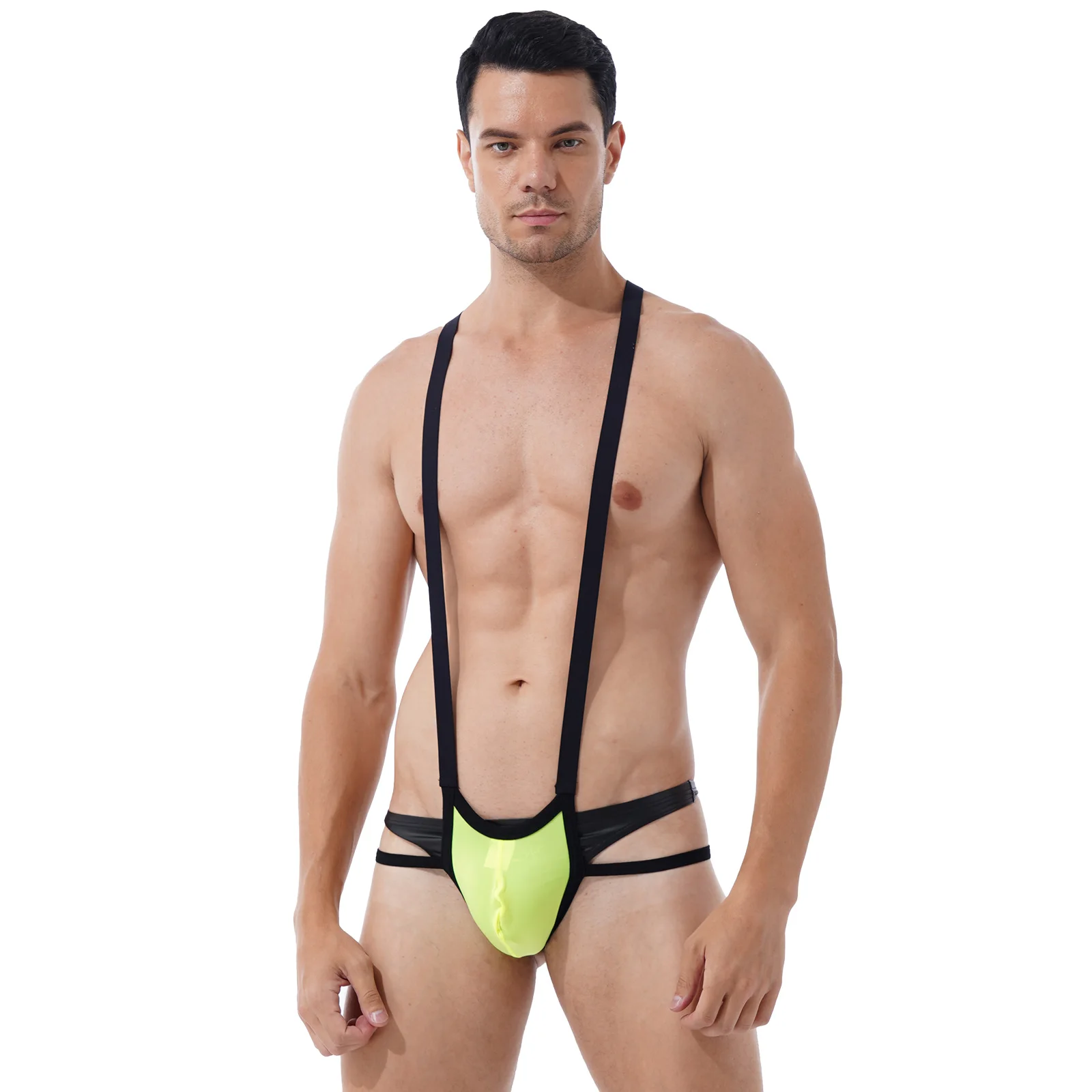 

Mens Erotic Bulge Pouch Jockstrap Wrestling Singlet Leotard Lingerie Hollow Out Fishnet Patchwork Back Bodysuit Underwear