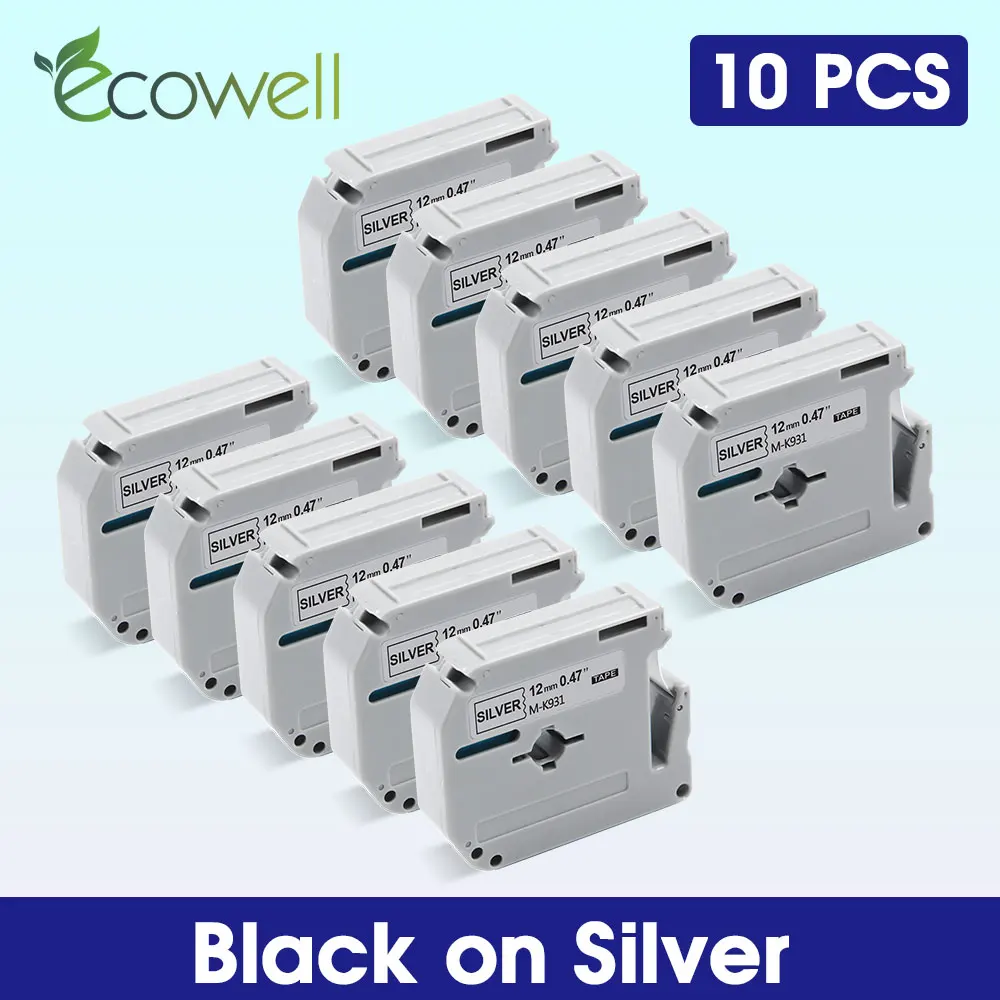 

Ecowell 10Pcs MK931 MK-931 For Brother 12mm MK 931 M-K931 Black on Silver label tape for Brother P-Touch PT-70 PT-90 label Maker